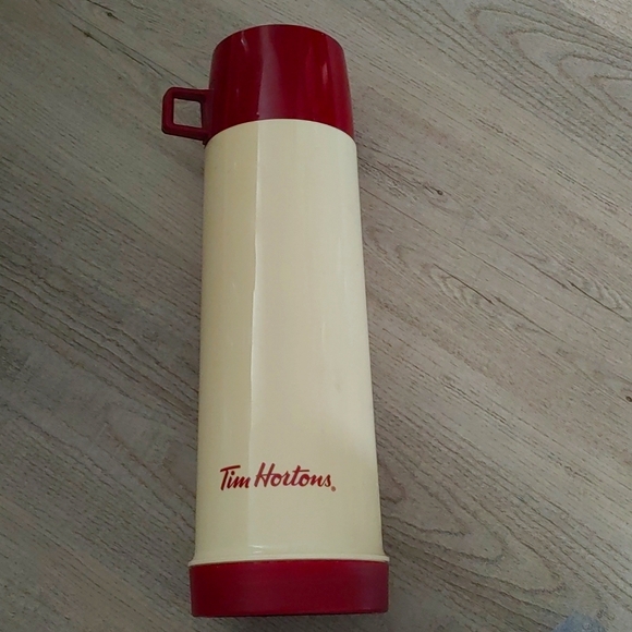 Vintage Tim Hortons 32 Oz Thermos Glass Linder Cream Red/Burgundy 13.5" Tall - Picture 1 of 4
